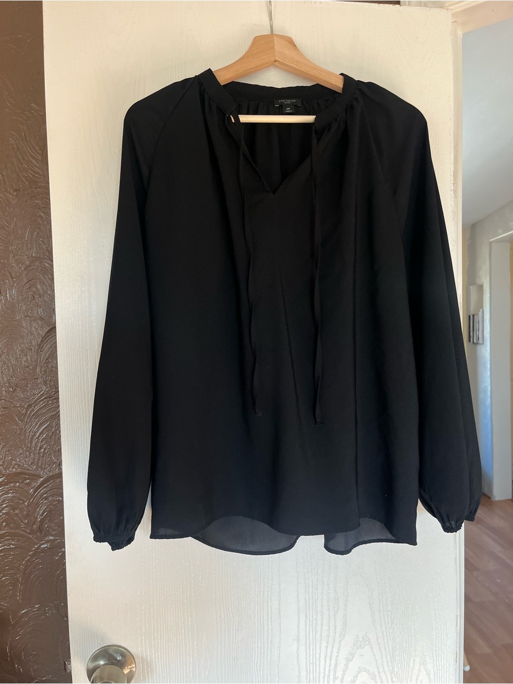 Ann Taylor Black Tie-Neck Long-Sleeve Blouse